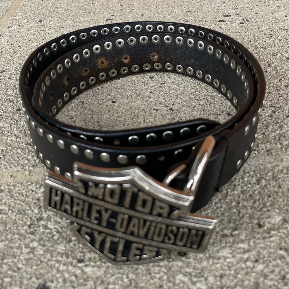 Harley-Davidson Black Leather Belt with Silver Studded Buckle Sz 36